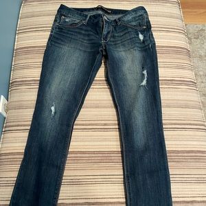 Express Stella Low Rise Legging, dark wash, distressed.